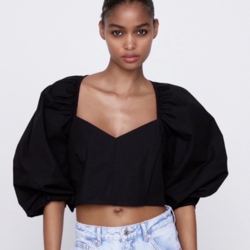 Zara Black Puff Sleeve Crop cotton Blouse M